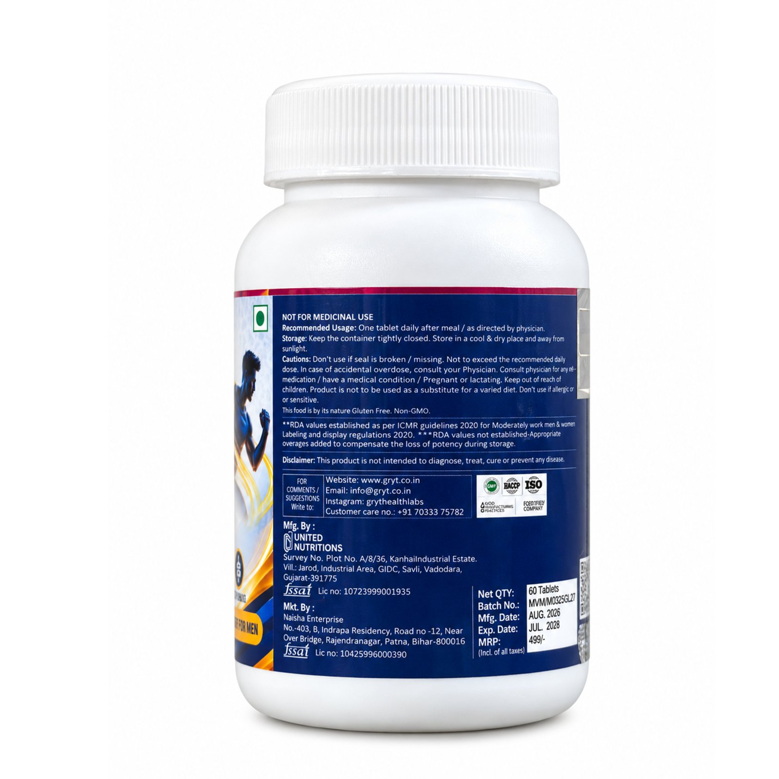 GRYT Multivitamin Tablets for Men back label with usage, storage and safety information