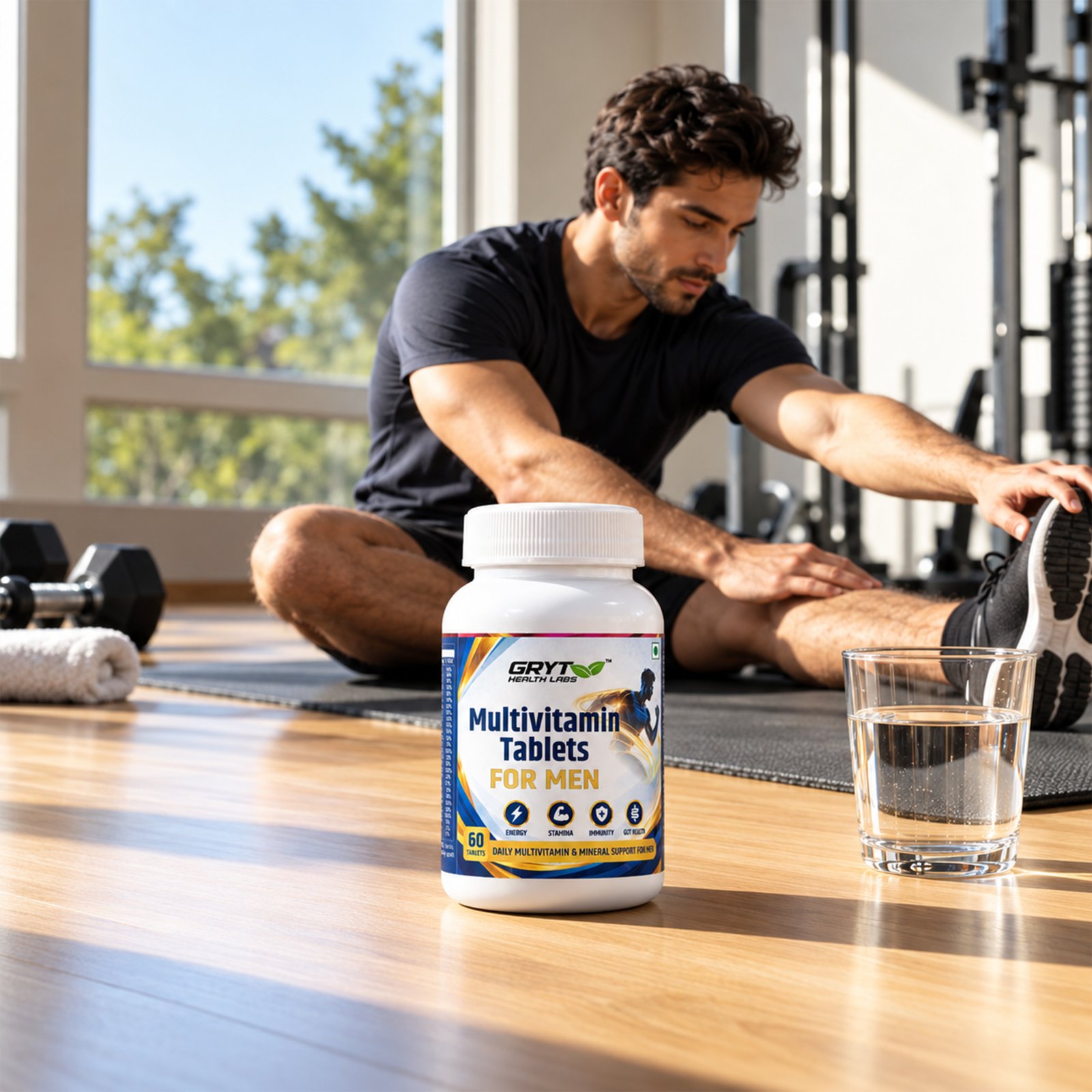 Man stretching at the gym with GRYT Multivitamin Tablets for Men