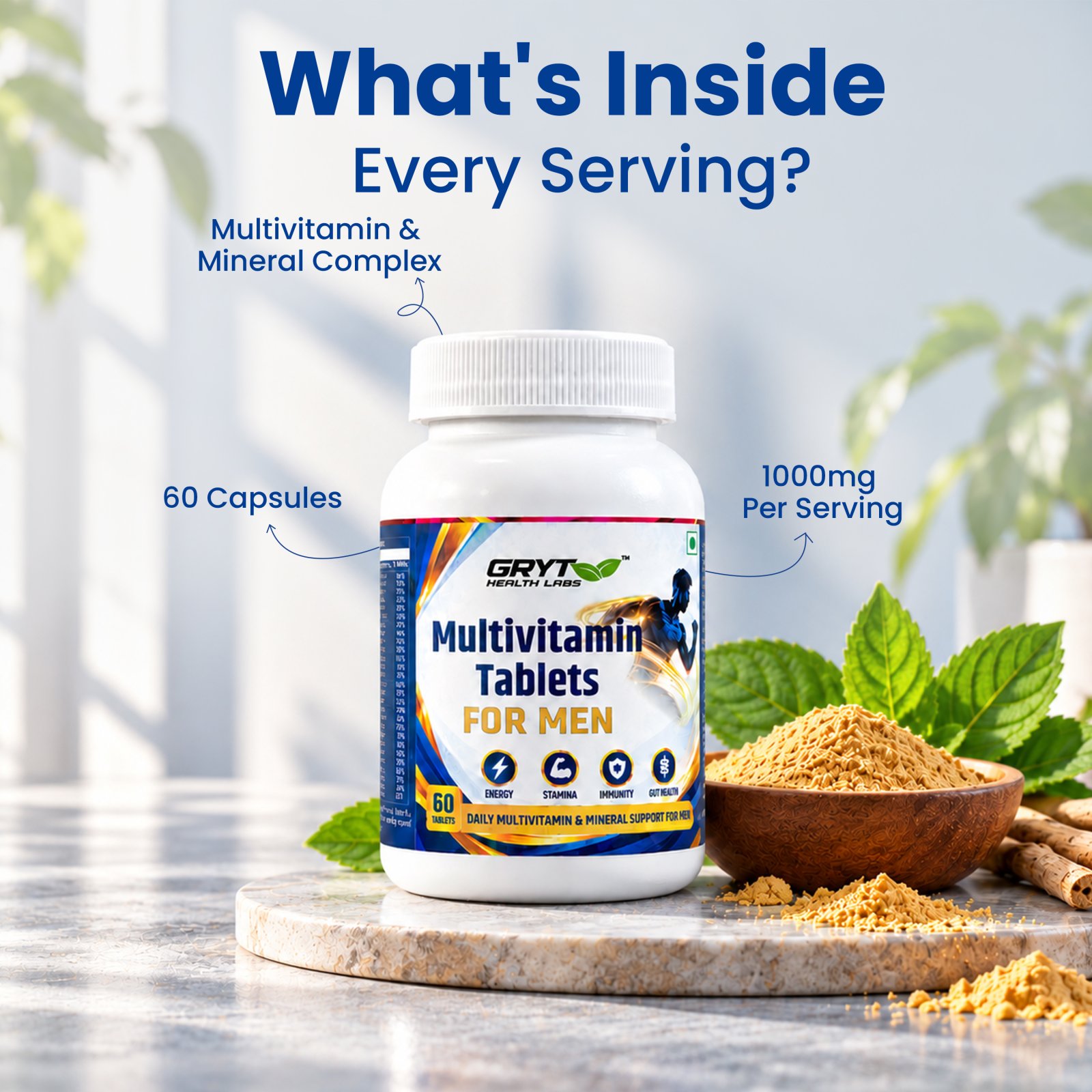 What's inside GRYT Multivitamin Tablets for Men: multivitamin and mineral complex, 1000 mg per serving