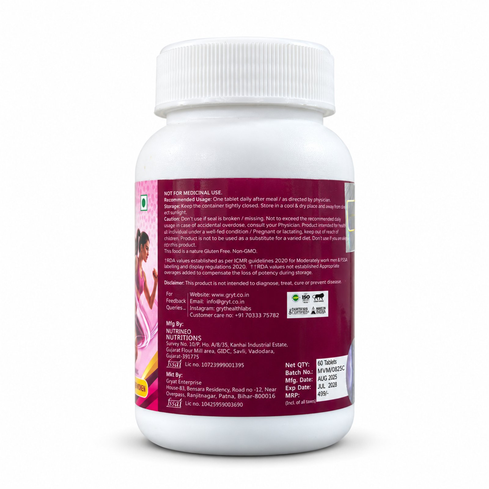 GRYT Multivitamin Tablets for Women back label with usage, storage and safety information