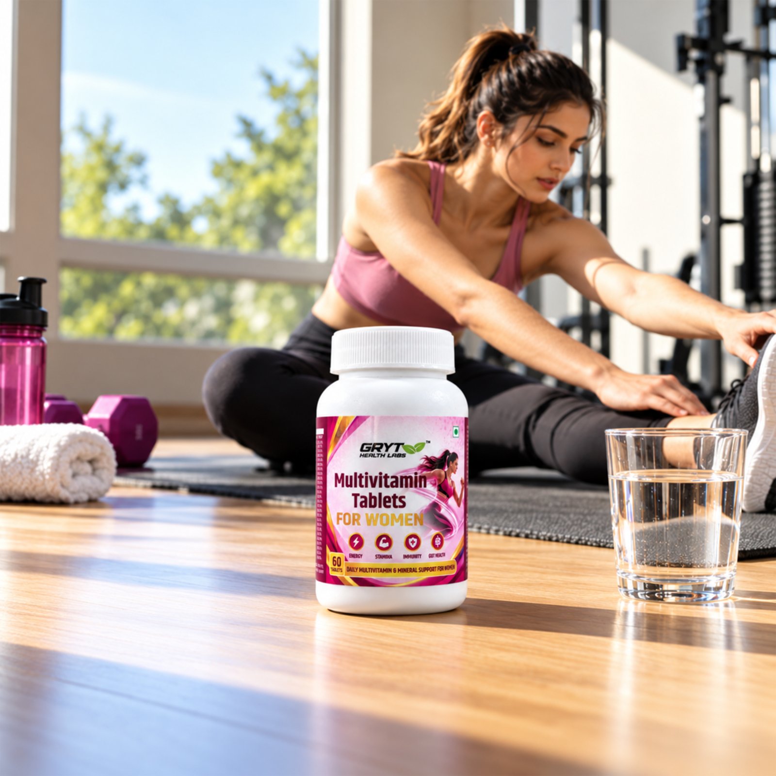 Woman stretching at the gym with GRYT Multivitamin Tablets for Women