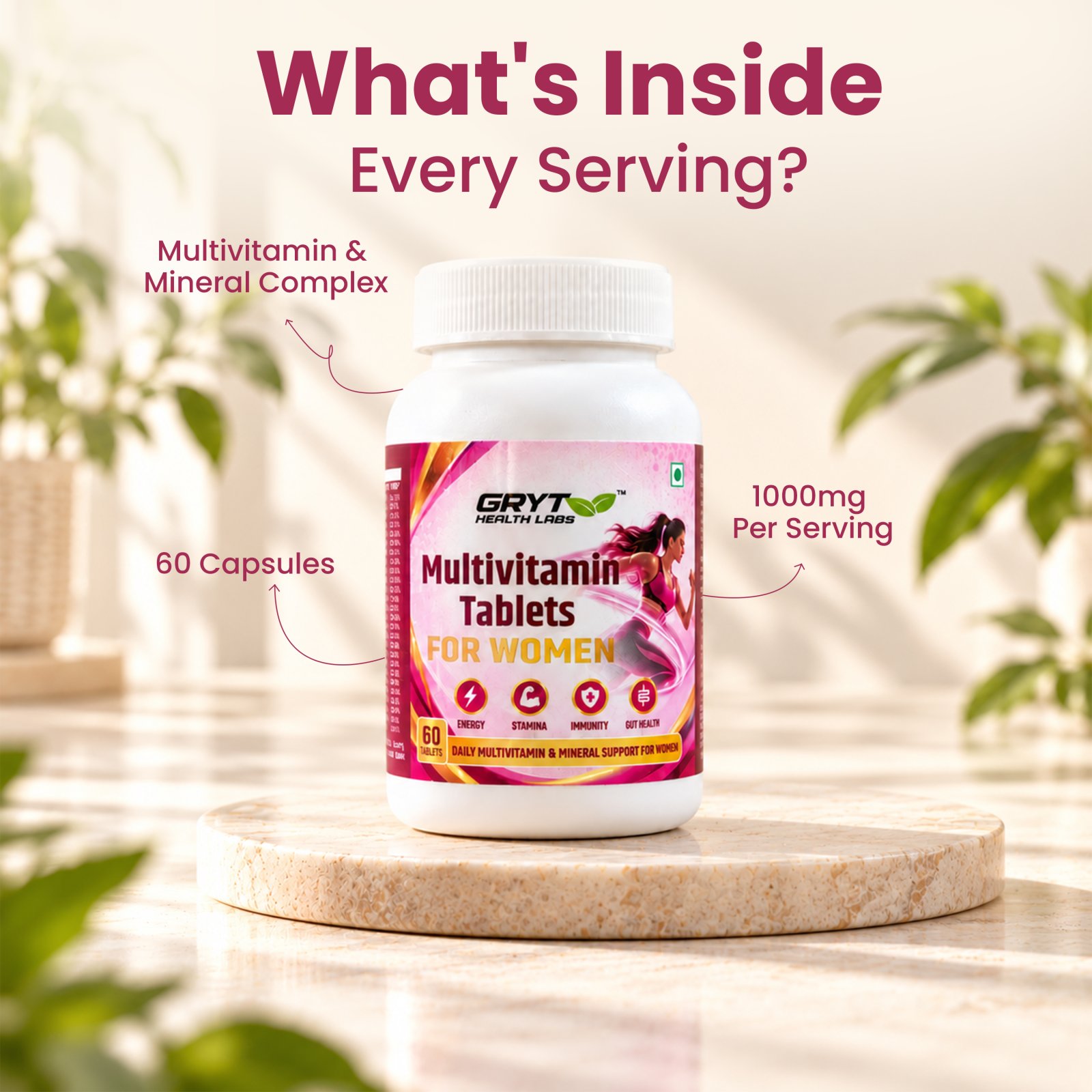 What's inside GRYT Multivitamin Tablets for Women: multivitamin and mineral complex, 1000 mg per serving