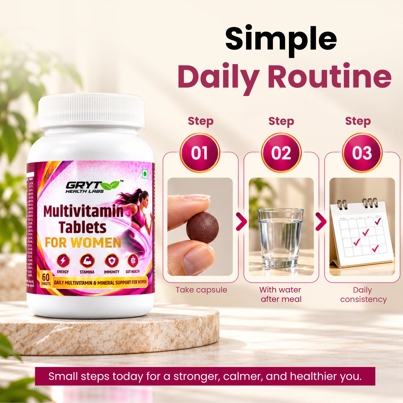Simple daily routine: one tablet with water after a meal